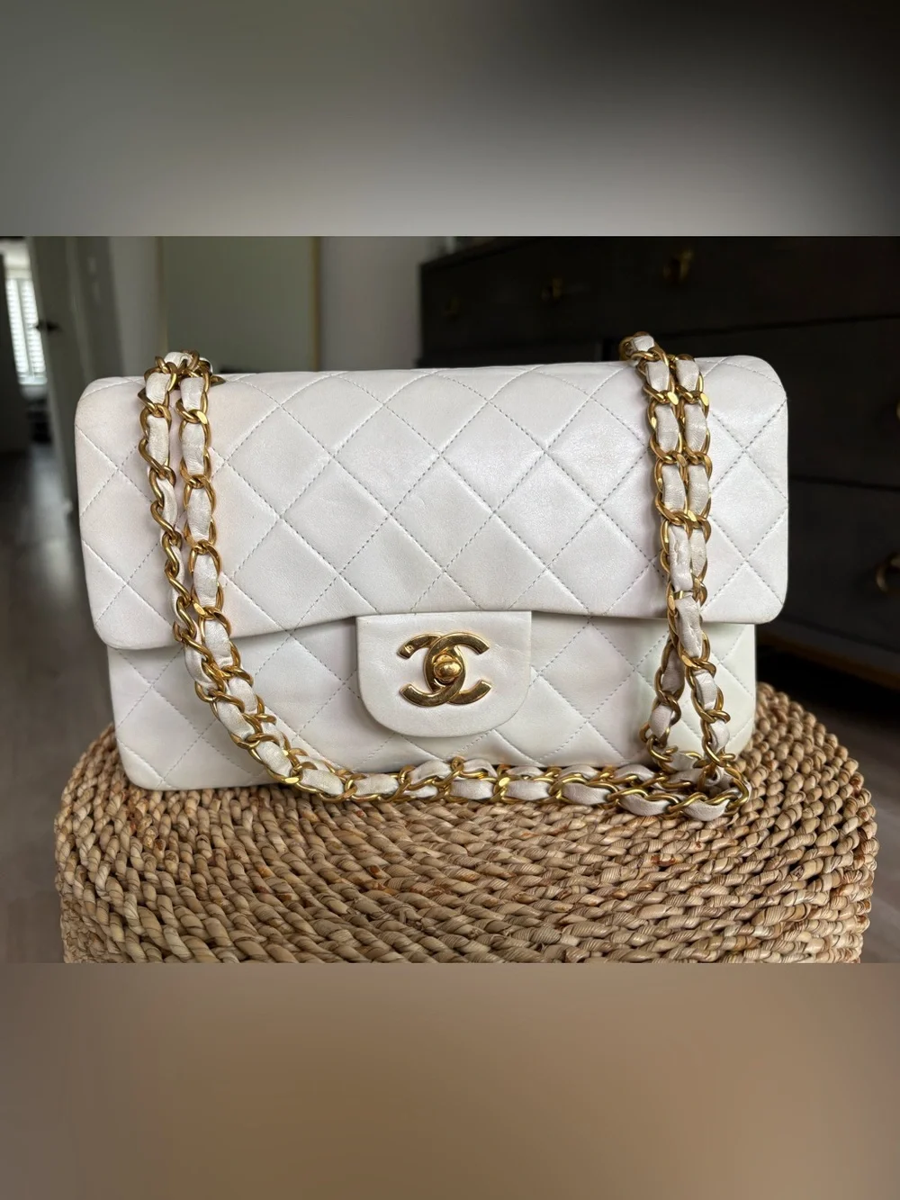 CHANEL White Quilted Lambskin Shoulder Bag